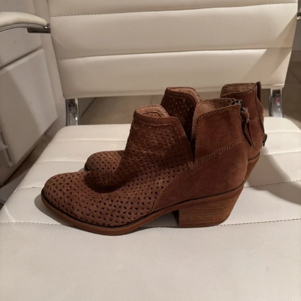 Suede Perforated Brown Ankle Booties with Low Stacked Heel